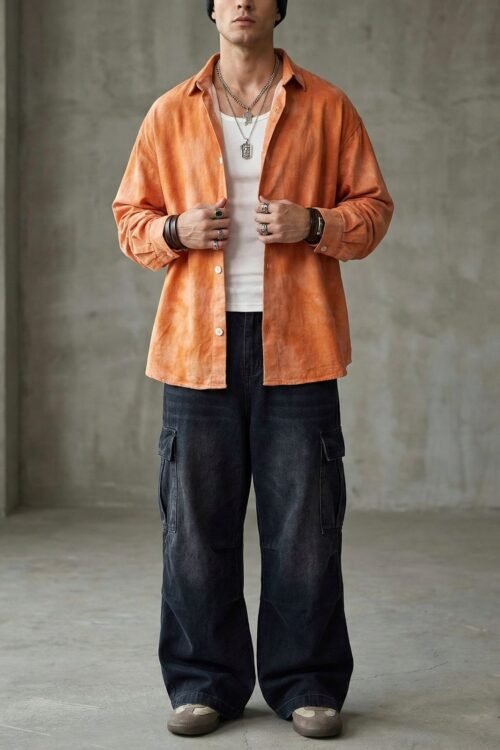 Cyber-Y2K Orange Oversized Button-Down Shirt
