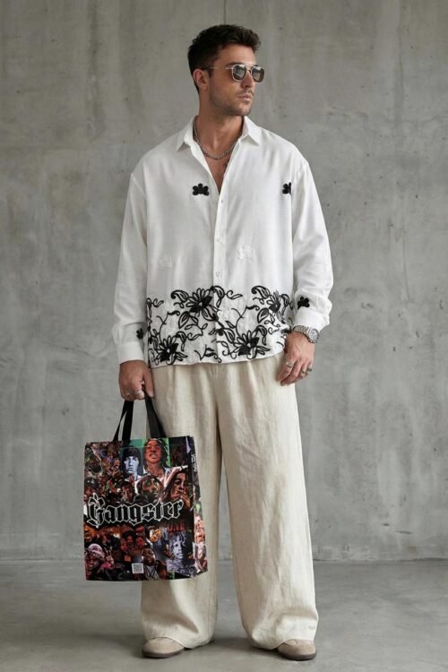 Monochrome Floral Border Embroidery Shirt - White