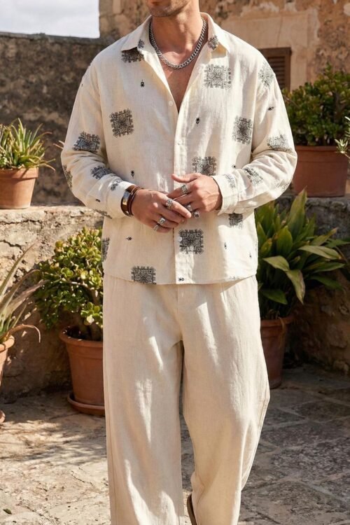 Geometric Linen-Blend Oversize Shirt