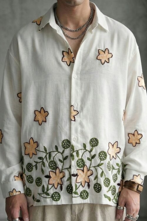 Floral Star Embroidered Button-Down Shirt