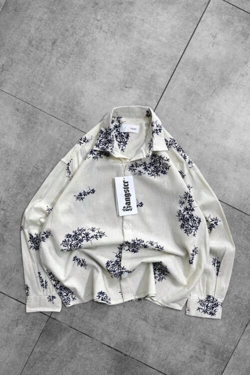 Bamboo leaf printed Oversize Linen Shirt