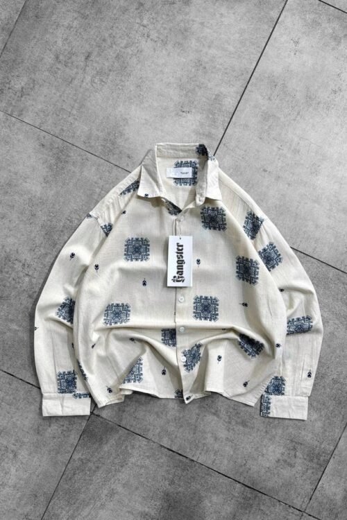 Geometric Linen-Blend Oversize Shirt Blue