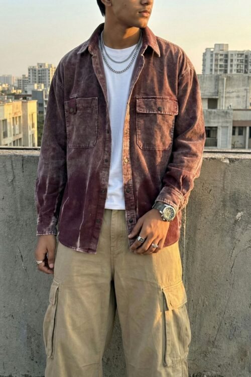 Auvra Back Printed Oversize Corduroy Shirt- Maroon