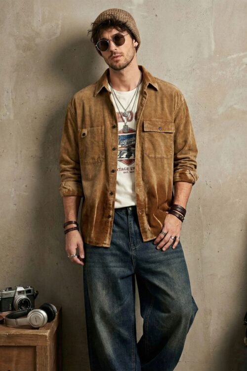 Auvra Back Printed Oversize Corduroy Shirt - Brown