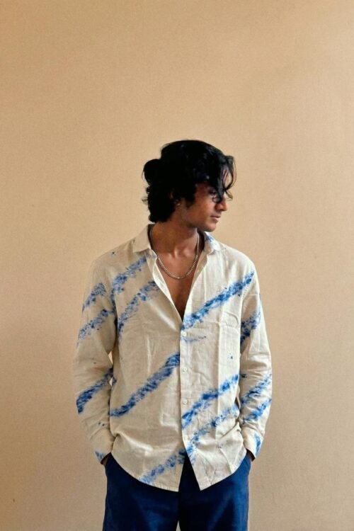 Blue Diagonal Tie Dye Linen Shirt