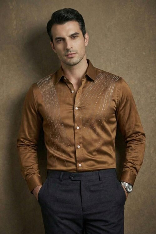 Emerald Luxe Crystal Panel Shirt - Brown