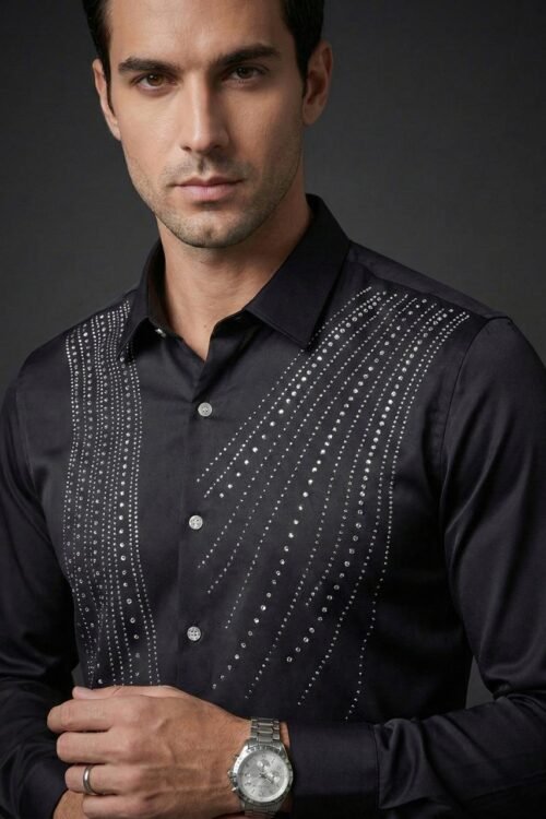 Emerald Luxe Crystal Panel Shirt - Black