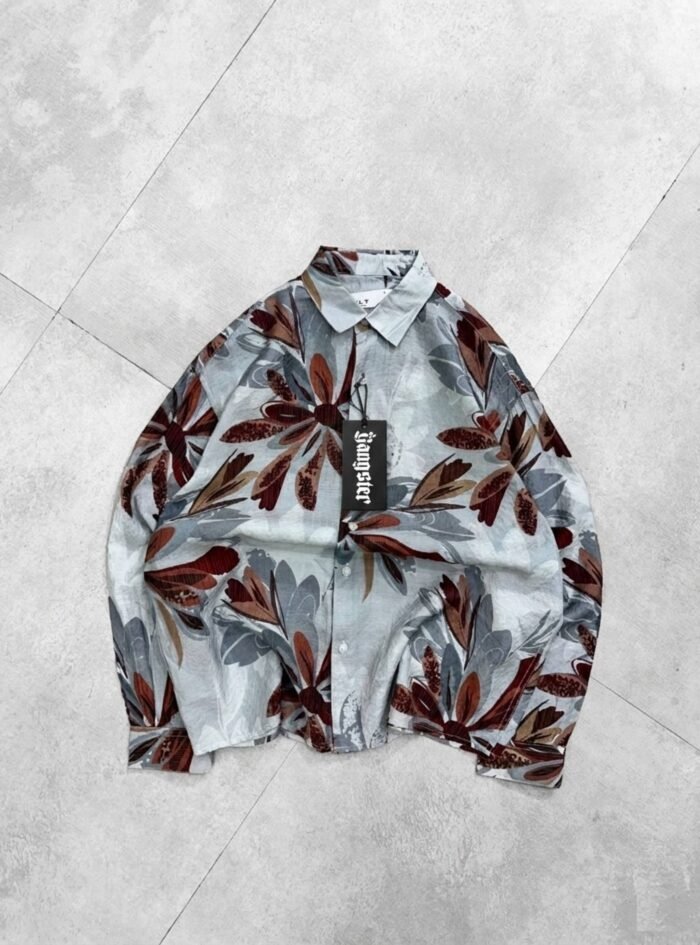 Allover Big Flower Printed Dropshoulder Shirt-sage green1-