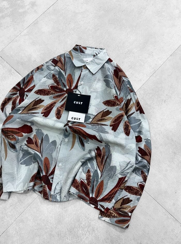 Allover Big Flower Printed Dropshoulder Shirt-sage green2