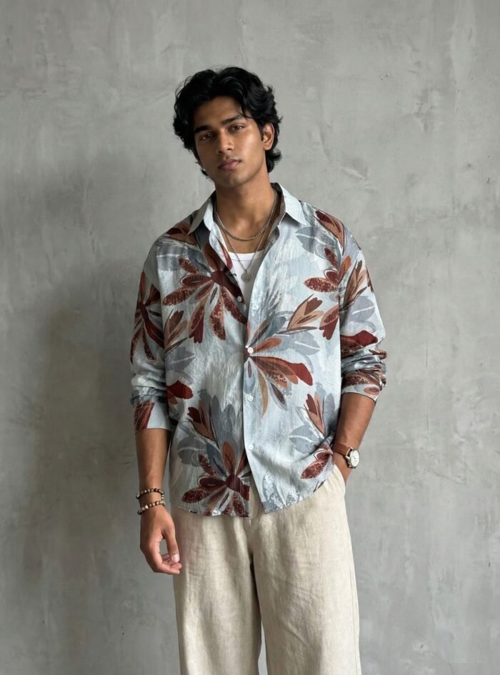 Allover Big Flower Printed Dropshoulder Shirt-sage green3