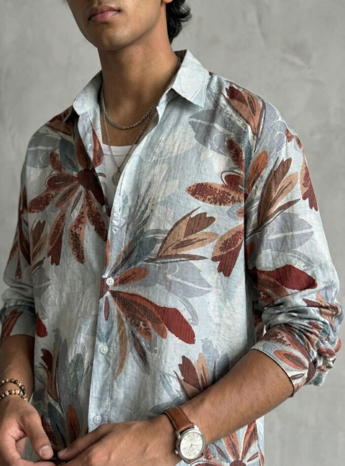 Allover Big Flower Printed Dropshoulder Shirt-sage green5