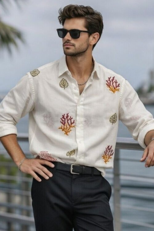 Allover Embroidery Imp Linen Dropshoulder Shirt