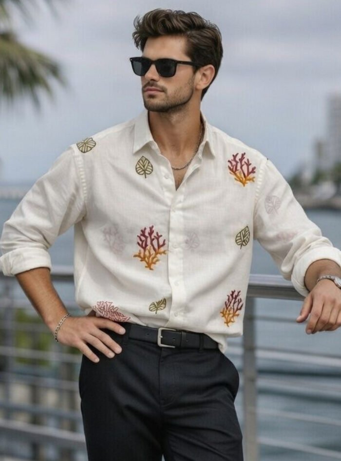 Allover Embroidery Imp Linen Dropshoulder Shirt 1