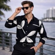 Allover Leaf Printed Dropshoulder Shirt - Black2