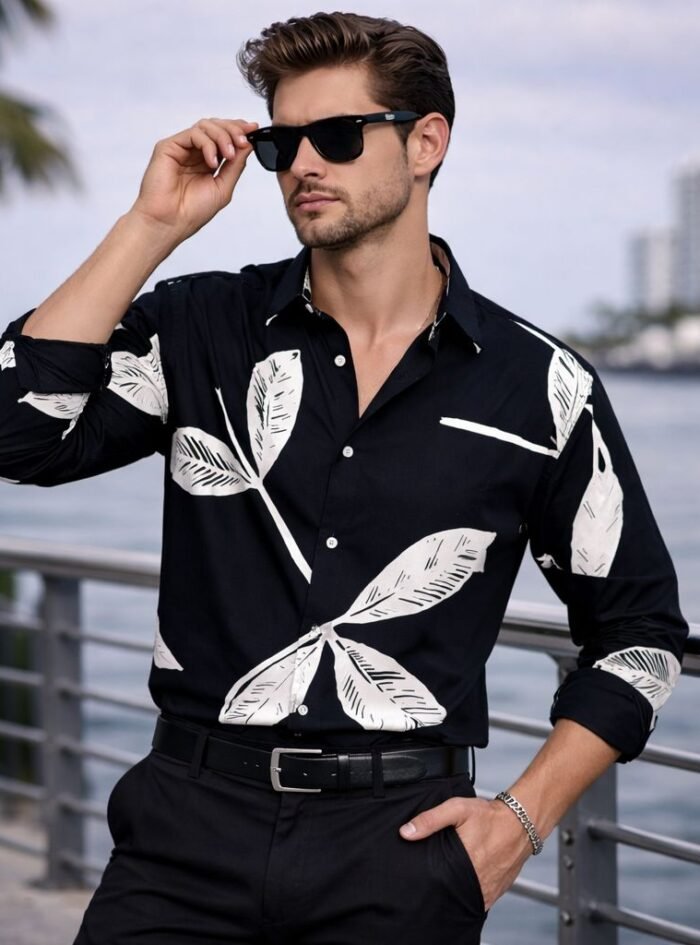 Allover Leaf Printed Dropshoulder Shirt - Black2 Allover Leaf Printed Dropshoulder Shirt - Black2