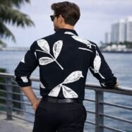 Allover Leaf Printed Dropshoulder Shirt - Black3