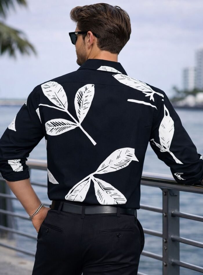 Allover Leaf Printed Dropshoulder Shirt - Black3 Allover Leaf Printed Dropshoulder Shirt - Black3