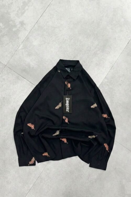 Allover Minimal Curved Leaf Embroidery Dropshoulder Shirt