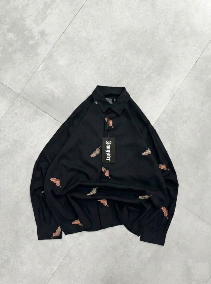 Allover Minimal Curved Leaf Embroidery Dropshoulder Shirt-Black