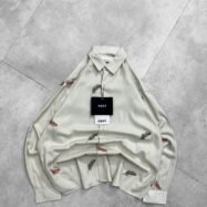 Allover Minimal Curved Leaf Embroidery Dropshoulder Shirt-Cream2