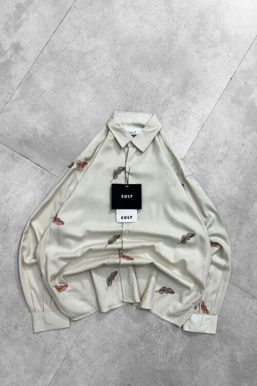 Allover Minimal Curved Leaf Embroidery Dropshoulder Shirt