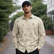 Allover Minimal Embroidery Linen Dropshoulder Shirt-Beige 1