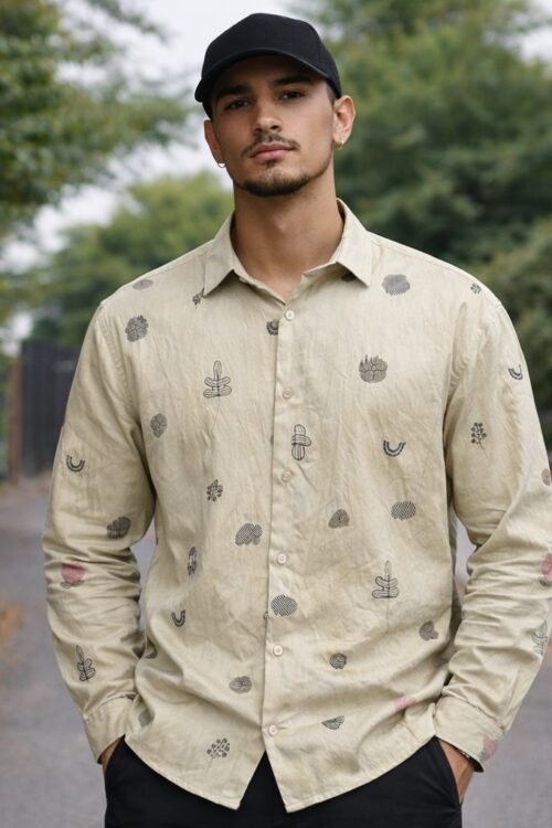 Allover Minimal Embroidery Linen Dropshoulder Shirt