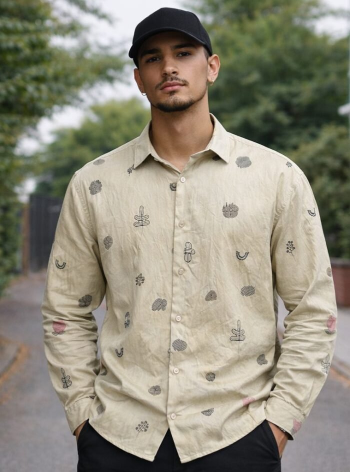 Allover Minimal Embroidery Linen Dropshoulder Shirt-Beige 1