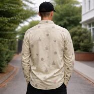 Allover Minimal Embroidery Linen Dropshoulder Shirt-Beige 2