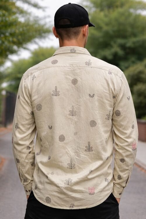 Allover Minimal Embroidery Linen Dropshoulder Shirt-Beige 2