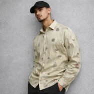 Allover Minimal Embroidery Linen Dropshoulder Shirt-Beige 3