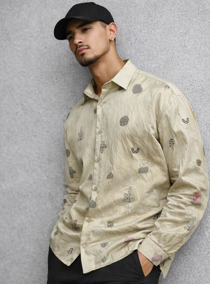 Allover Minimal Embroidery Linen Dropshoulder Shirt-Beige 3