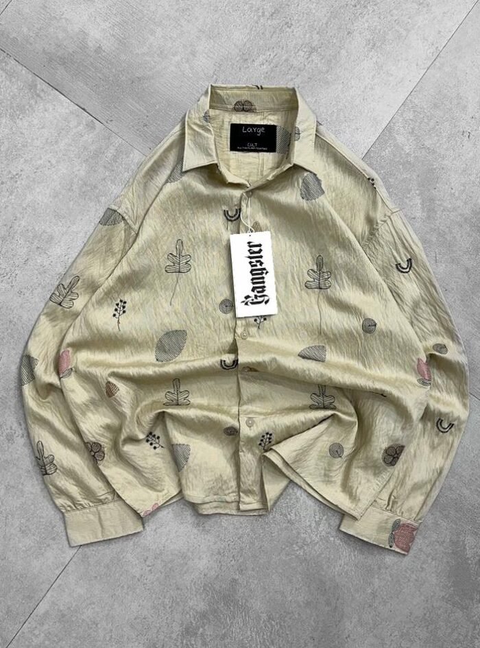 Allover Minimal Embroidery Linen Dropshoulder Shirt-Beige 4