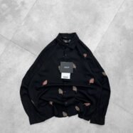 Allover Minimal Straight Leaf Embroidery Dropshoulder Shirt-Black1