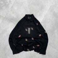 Allover Minimal Straight Leaf Embroidery Dropshoulder Shirt-Black1