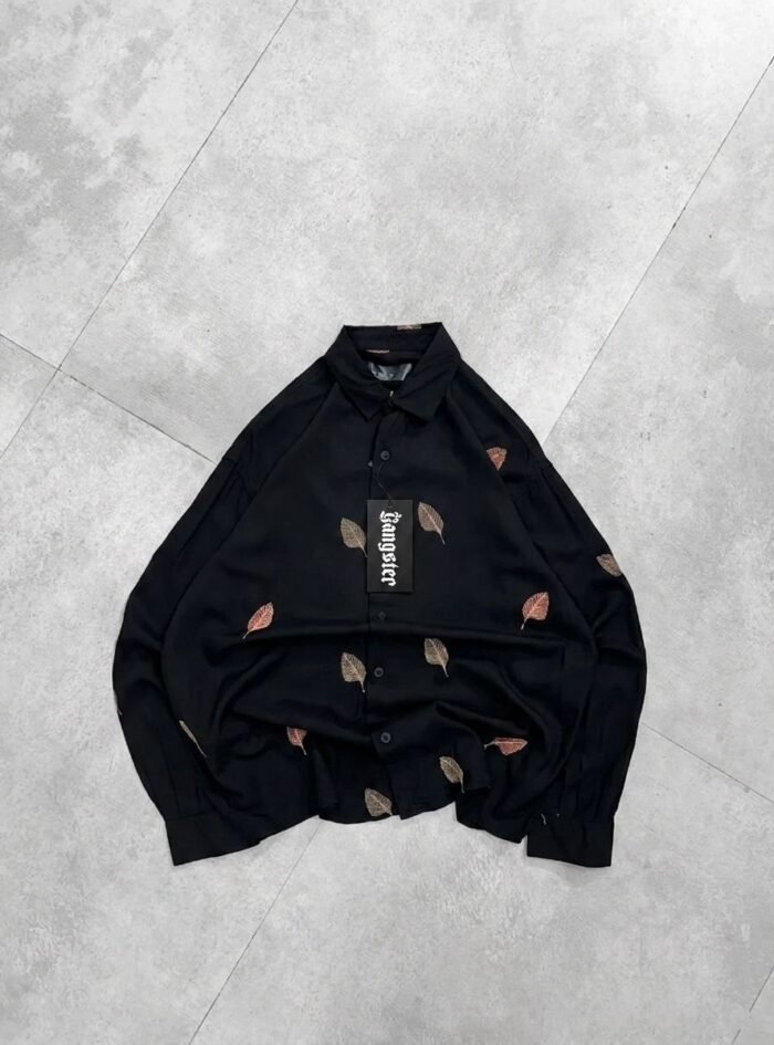 Allover Minimal Straight Leaf Embroidery Dropshoulder Shirt-Black1