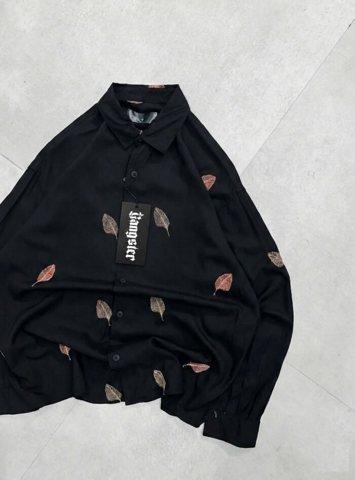 Allover Minimal Straight Leaf Embroidery Dropshoulder Shirt-Black2