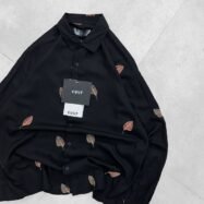 Allover Minimal Straight Leaf Embroidery Dropshoulder Shirt-Black2