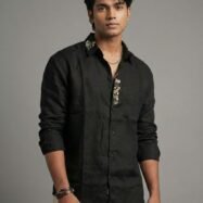 Collar & Placket Embroidery – Ethnic Linen Drop Shoulder Shirt-black1 (2)