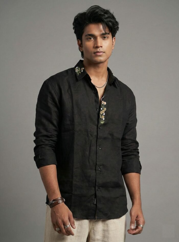 Collar & Placket Embroidery – Ethnic Linen Drop Shoulder Shirt-black1 (2)
