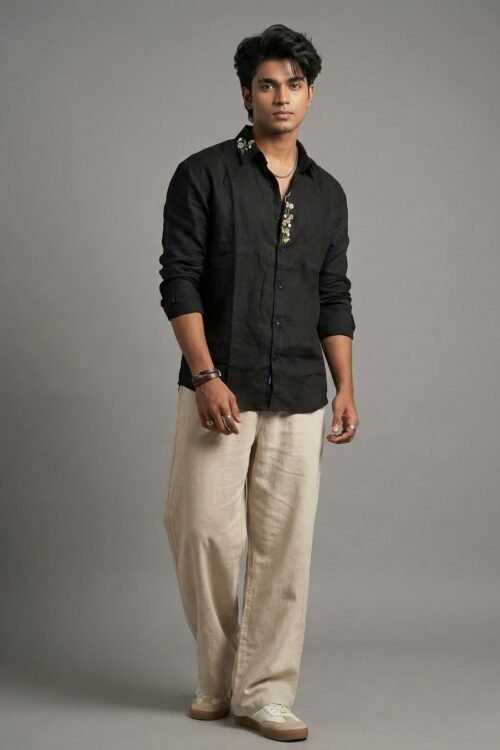 Collar & Placket Embroidery – Ethnic Linen Drop Shoulder Shirt