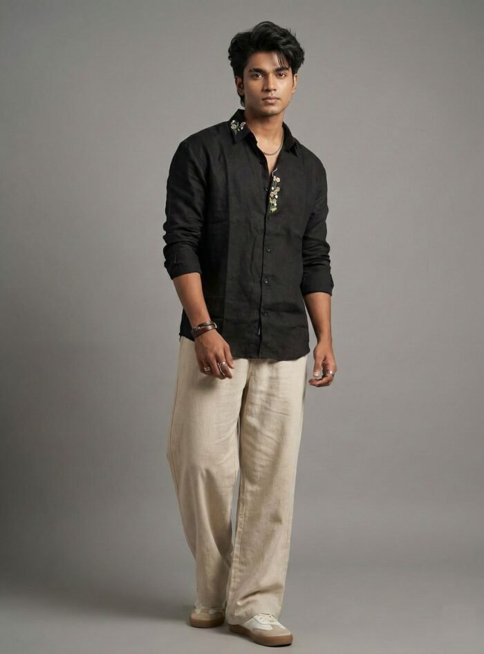 Collar & Placket Embroidery – Ethnic Linen Drop Shoulder Shirt-black2 (2)