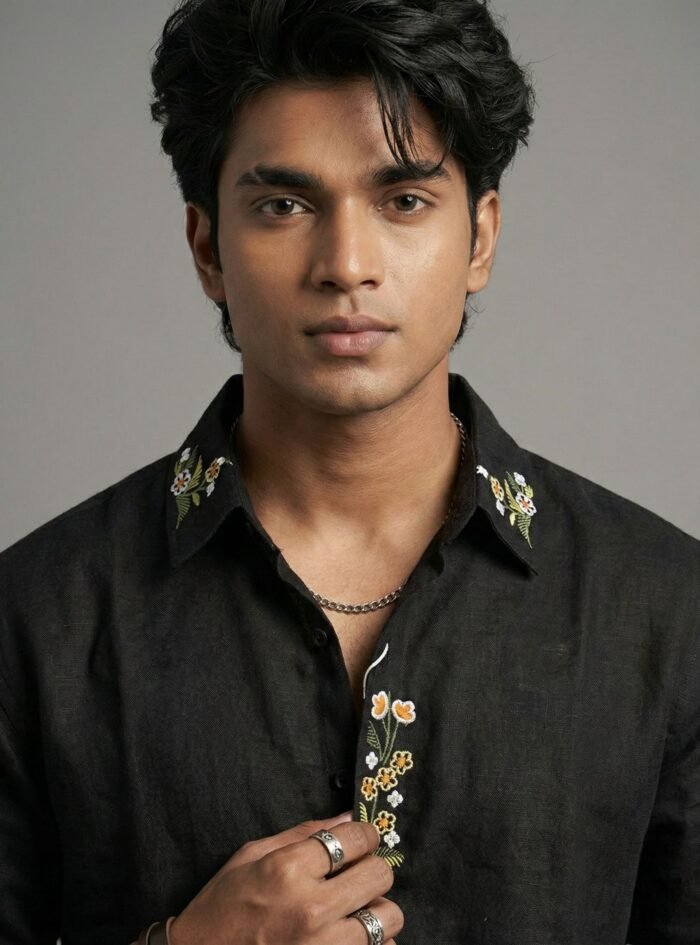 Collar & Placket Embroidery – Ethnic Linen Drop Shoulder Shirt-black3