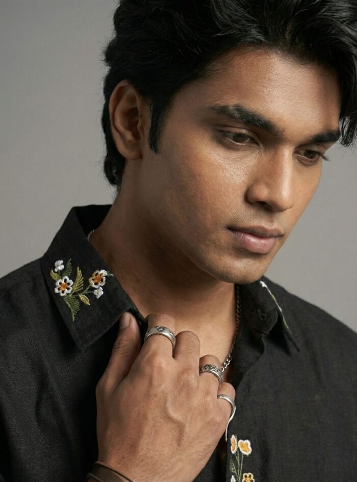 Collar & Placket Embroidery – Ethnic Linen Drop Shoulder Shirt-black4