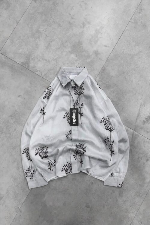 Mono-Leaf Embroidery Linen-Blend Shirt