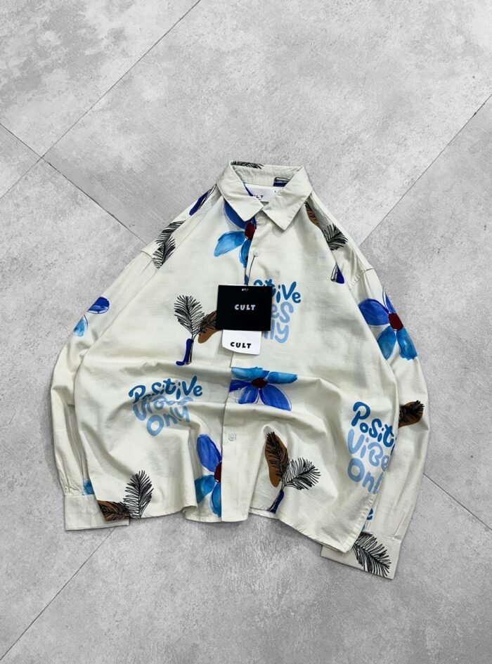 Positive Vibes Only With Flower Printed Dropshoulder Shirt-ivory blue1