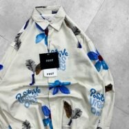 Positive Vibes Only With Flower Printed Dropshoulder Shirt-ivory blue2
