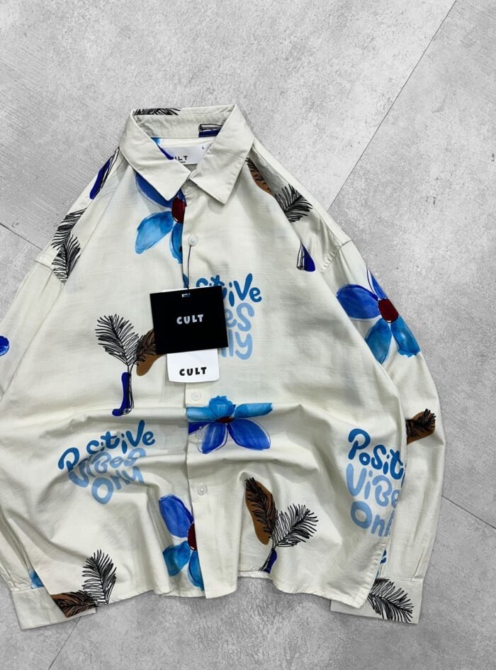 Positive Vibes Only With Flower Printed Dropshoulder Shirt-ivory blue2