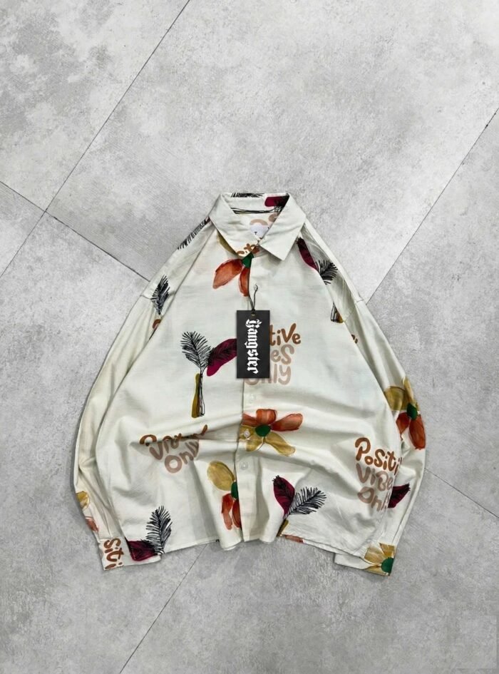 Positive Vibes Only With Flower Printed Dropshoulder Shirt-warm cream1