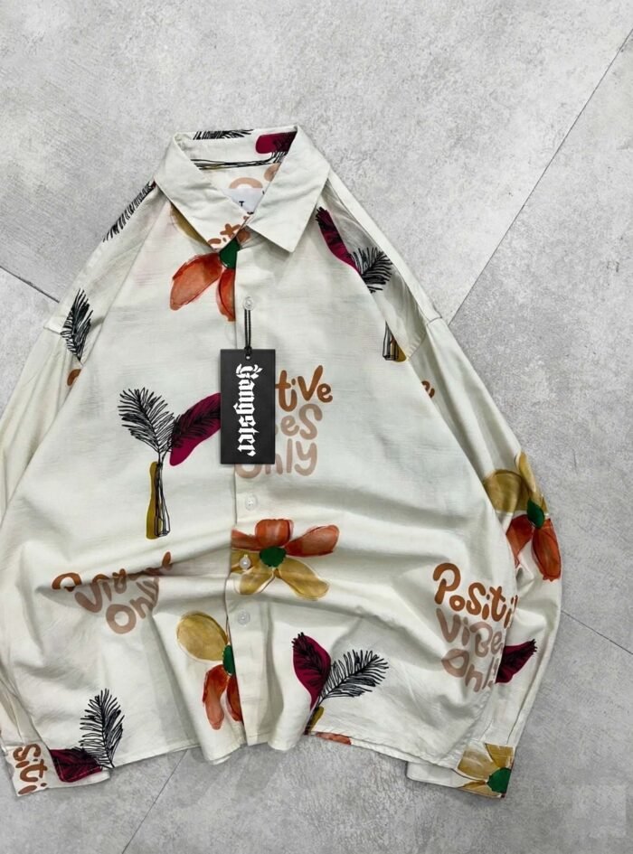 Positive Vibes Only With Flower Printed Dropshoulder Shirt-warm cream2